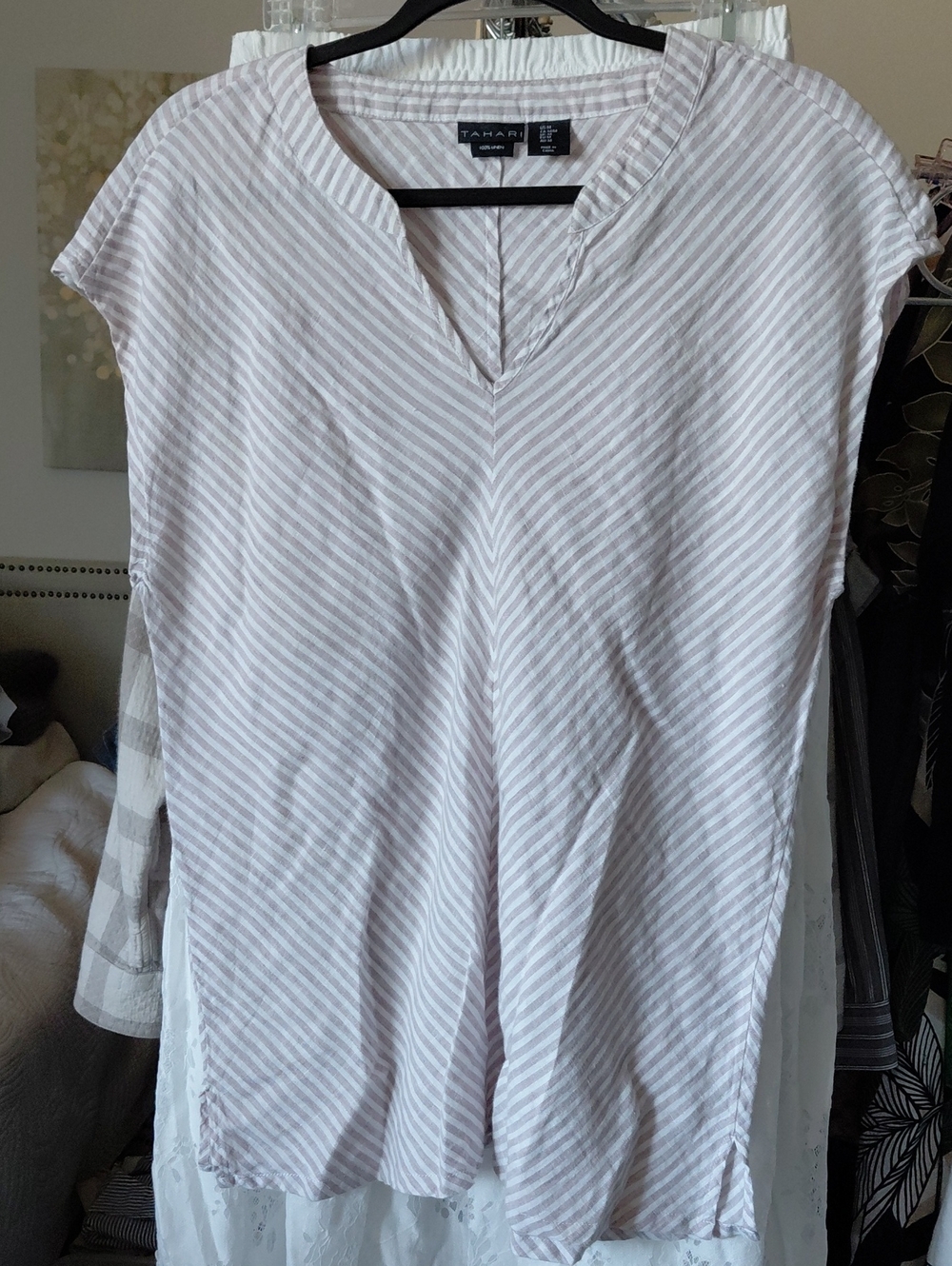 Tahari Linen Striped V-Neck Short Sleeve Blouse
